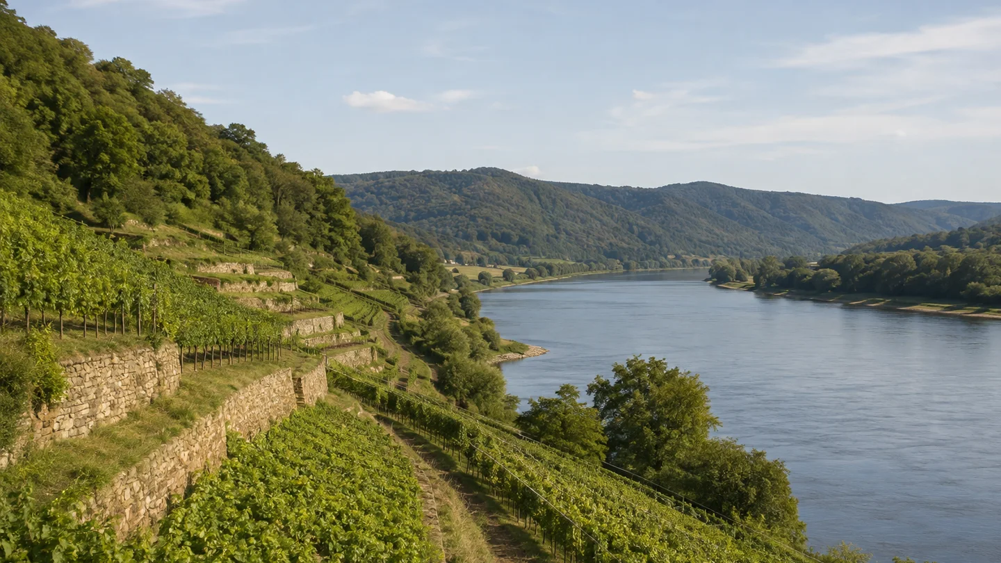 Dresden: Dresden: Pillnitzer Elbhänge: niedrige terrassierte Weinberge mit Natursteinmauern über breiter Elbe, dahinter sanfte bewaldete Hügel