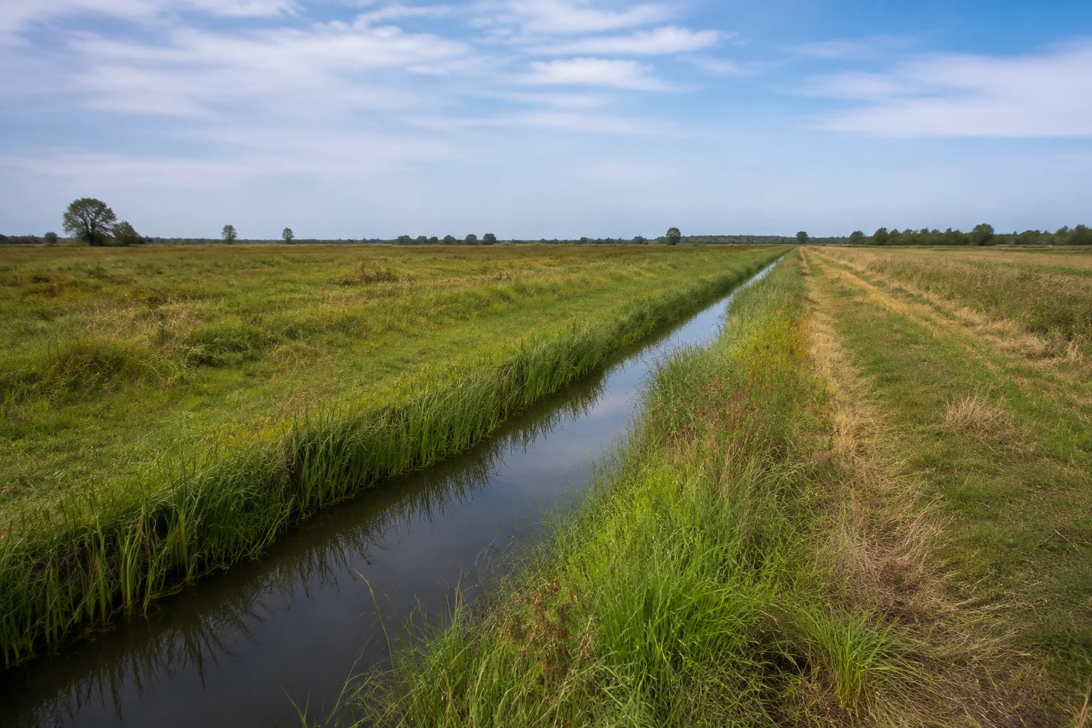 Feuchtwiesen am Ochsenmoor mit Gräben und weitem flachem Horizont