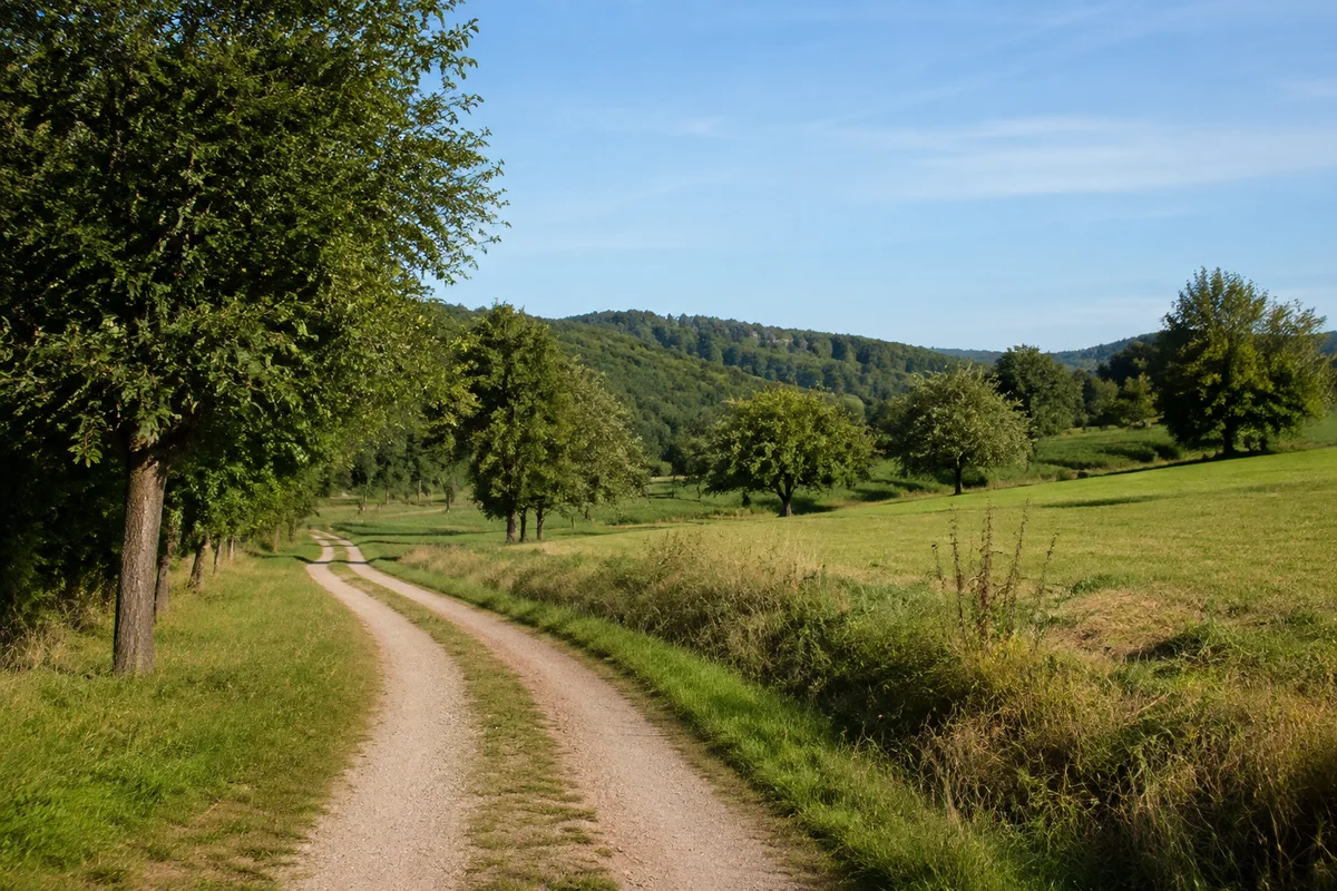 Flachere Obstwiesen und Felder am westlichen Rand des Durbachtals.