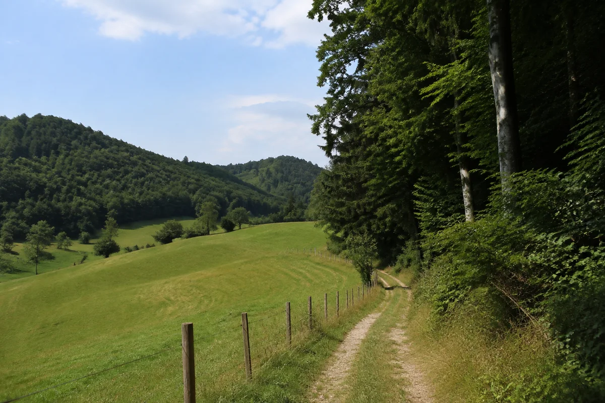 Höherer östlicher Talabschnitt mit Wiesen, Einzelhöfen und dichtem Mischwald.