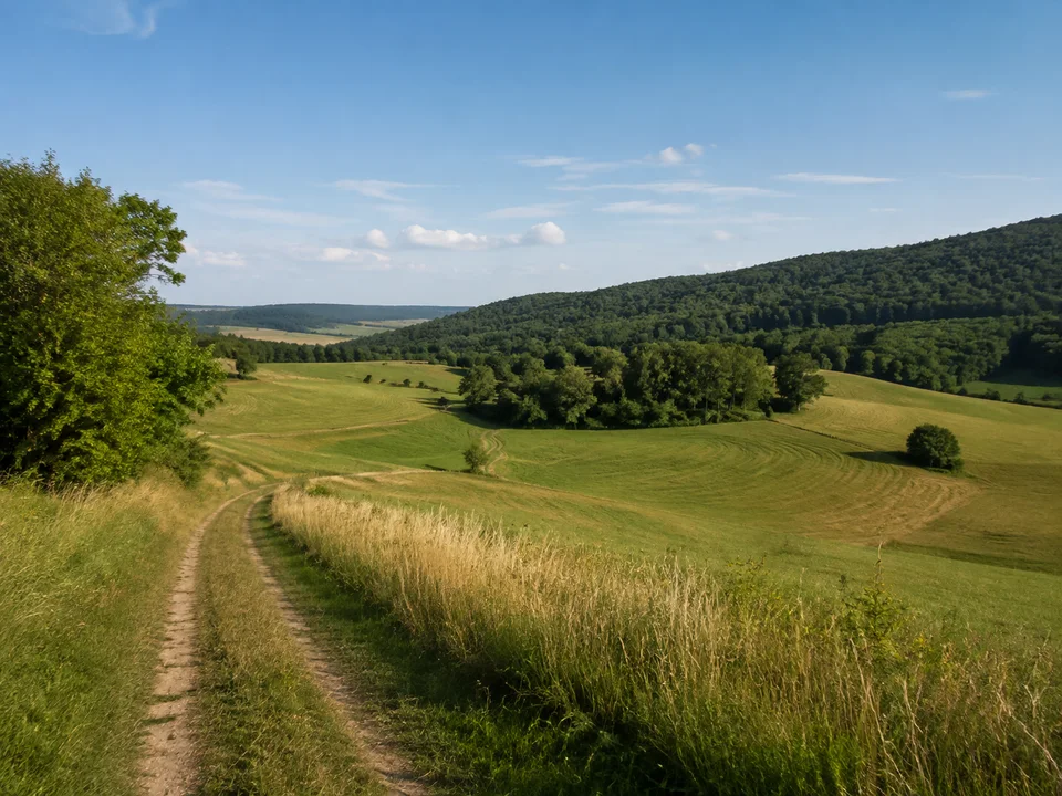 Wiesen bei Großgressingen: Offene Wiesen bei Großgressingen am Rand der Ebracher Buchenwälder mit sanften Hügeln und kleinem Feldweg