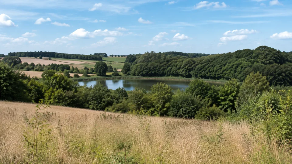 Schnaaper Umland: Leicht gewellte Felder mit Knicks und kleinem bewaldetem See in einer Senke