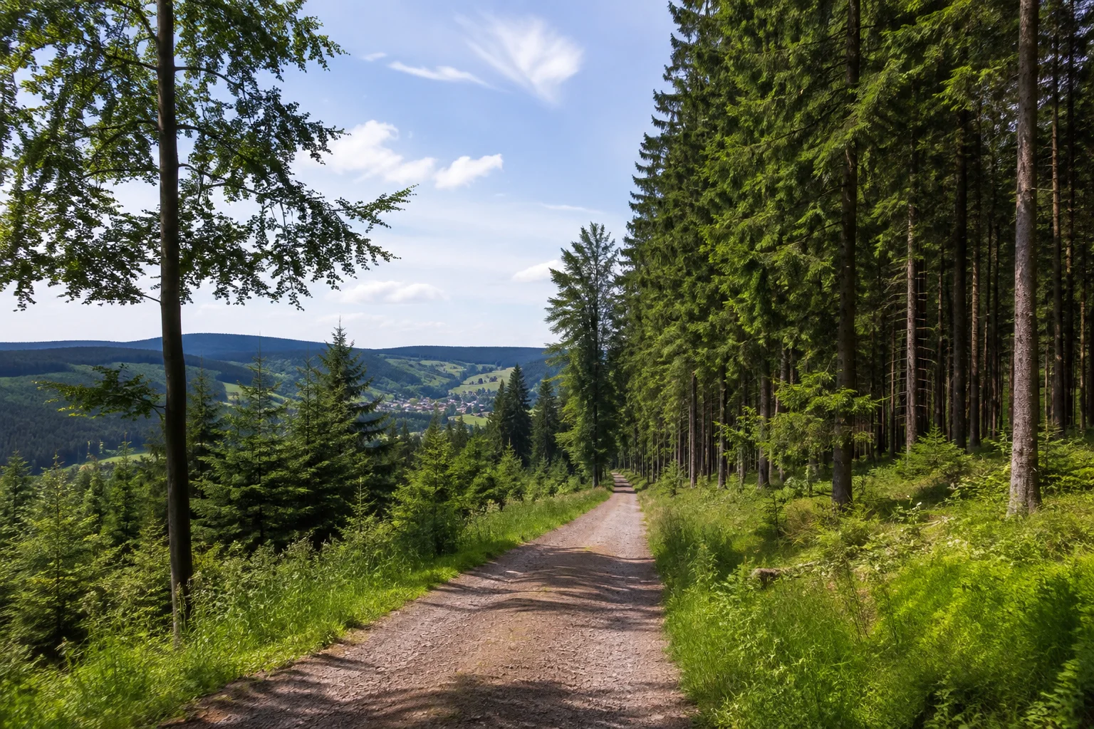 Sosaer Waldweg: breiter Weg zwischen hohen Fichten und einzelnen Buchen auf einem grünen Talhang