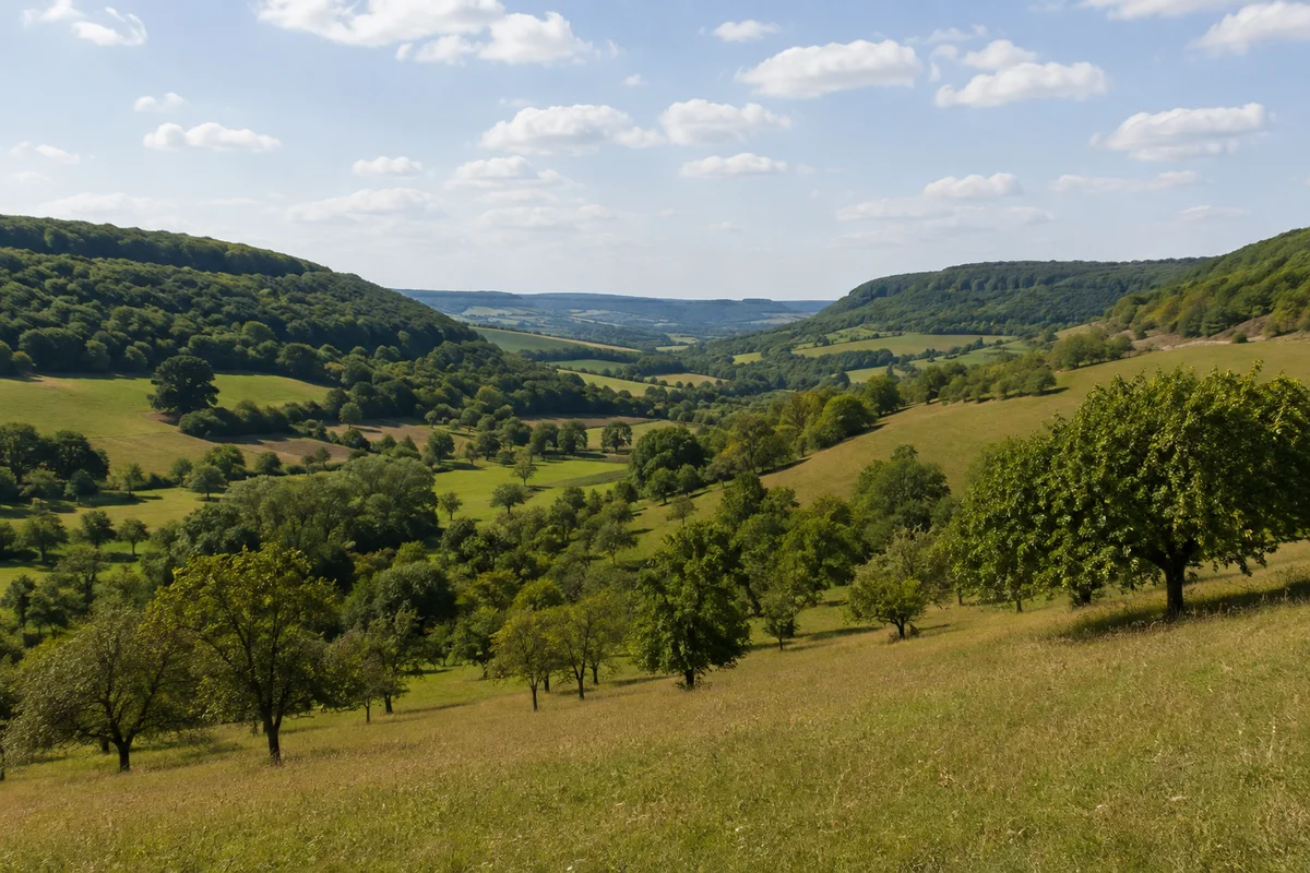 Grünes eingeschnittenes Tal bei Dingelstädt mit Streuobstwiesen und bewaldeten gerundeten Plateauflanken