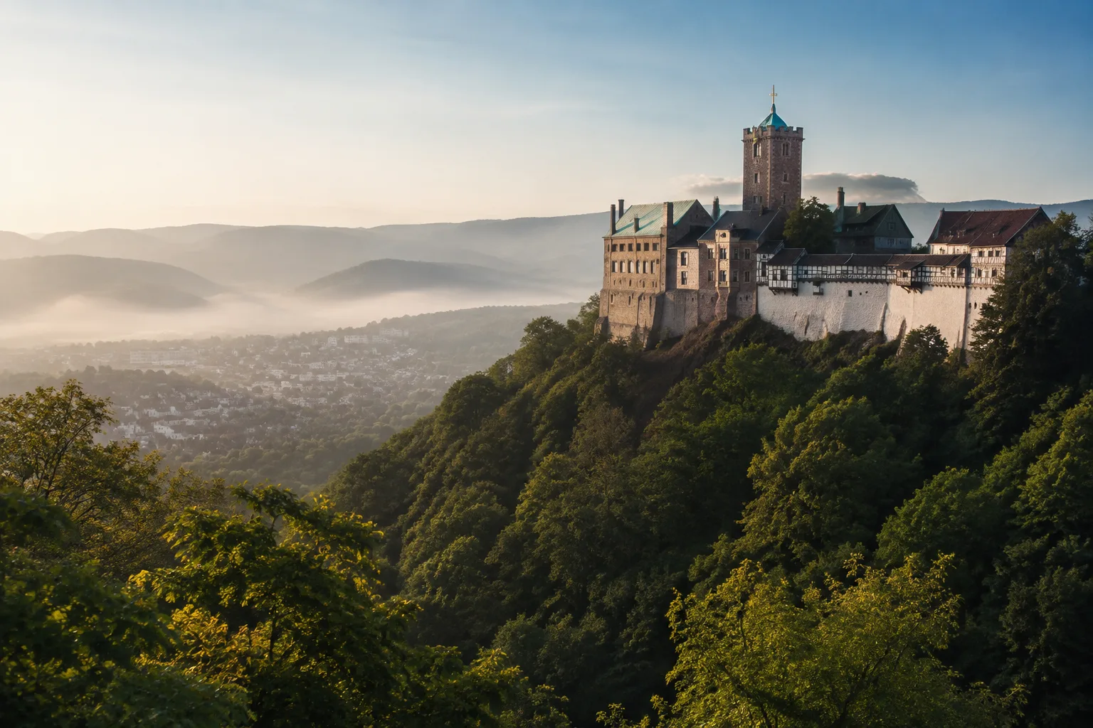 Eisenach: Eisenach: Wartburg über bewaldetem Burgberg und historischem Stadtrand