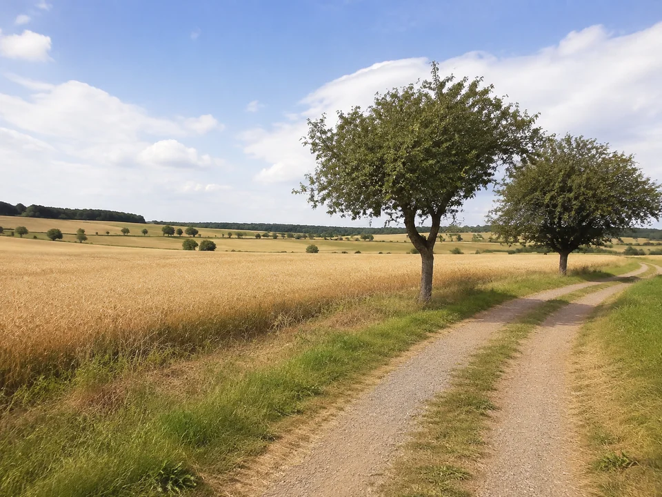 Felder bei Helfta: Sanftes offenes Ackerland mit Obstbäumen und dörflichem Weg