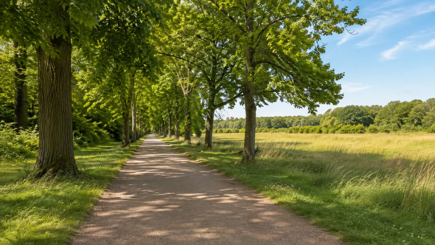 Lutherstadt Eisleben: Stadtpark: Eisleber Stadtgrün: Breiter Parkweg zwischen alten Laubbäumen und Wiesen am Rand einer mitteldeutschen Kleinstadt
