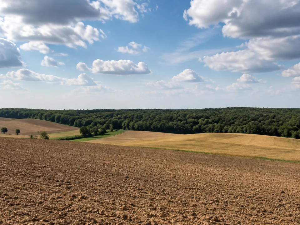 Östlicher Elmrand bei Räbke: wellige Ackerflur vor geschlossenem Laubwald unter weitem Himmel