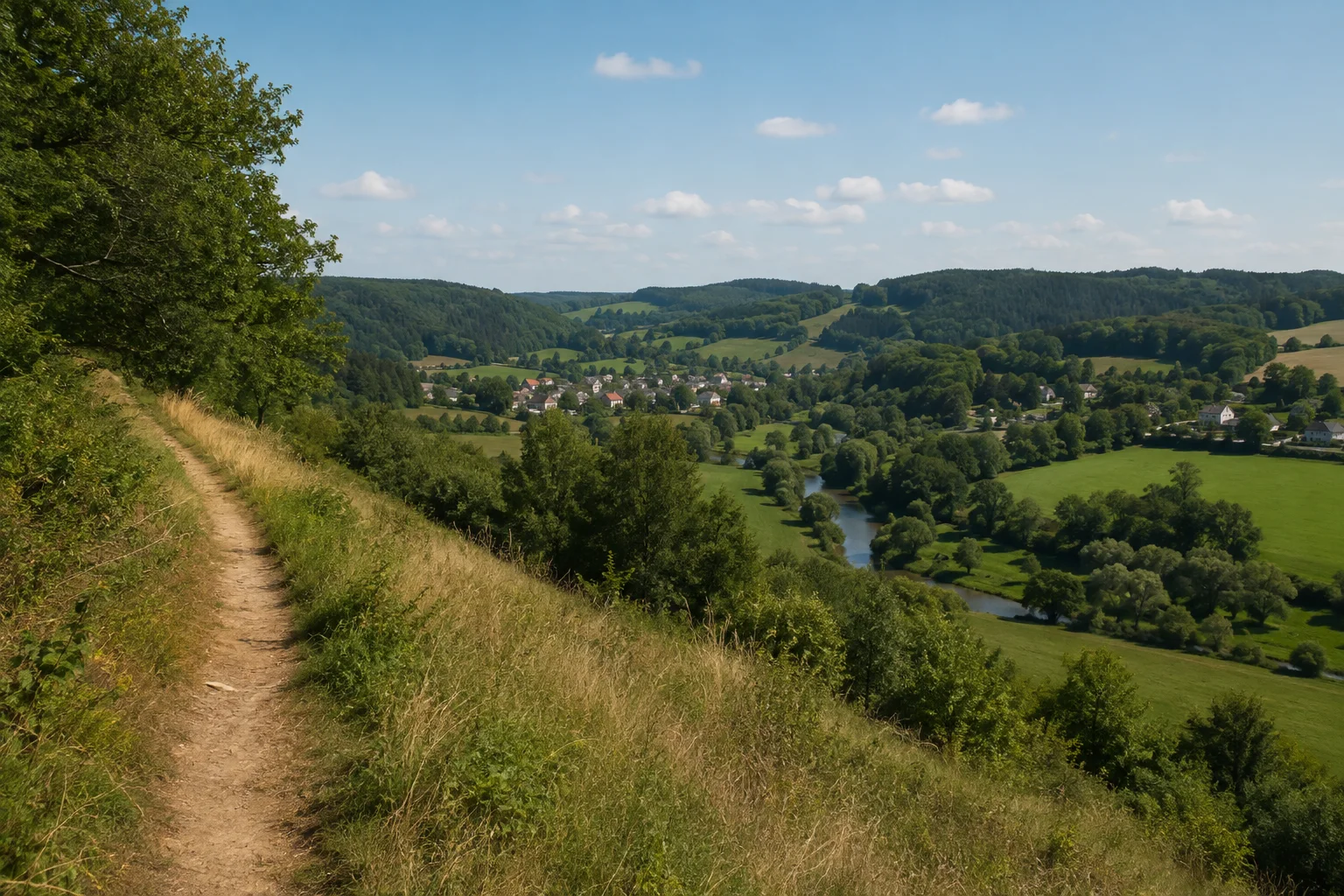 Bergaer Höhen: Wiesenweg über dem grünen Elstertal mit kleinen Dörfern in der Ferne