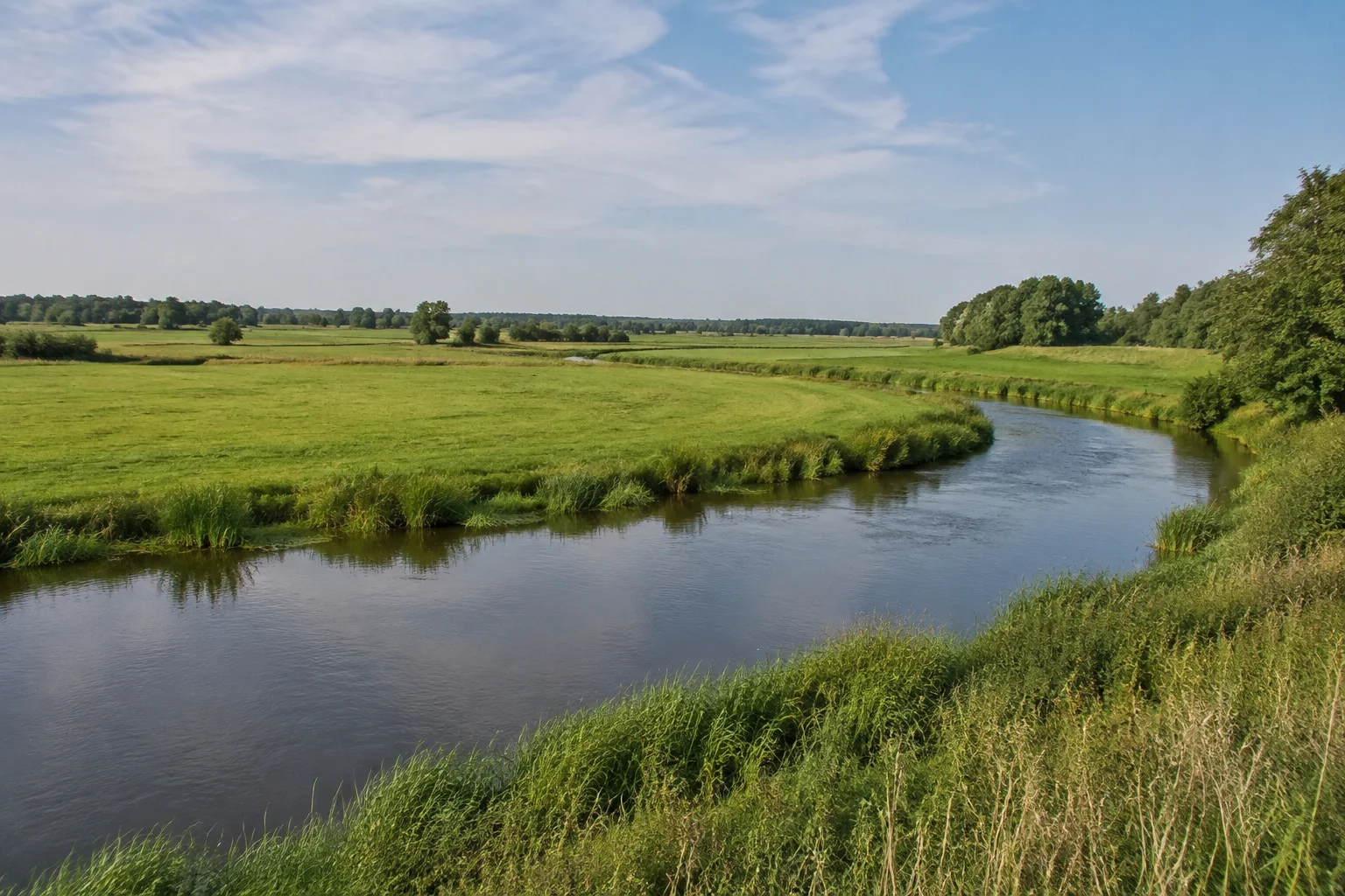 Emsland: Meppen Bokeloh: Emsländische Flussniederung mit langsamem Wasser und weiten grünen Wiesen
