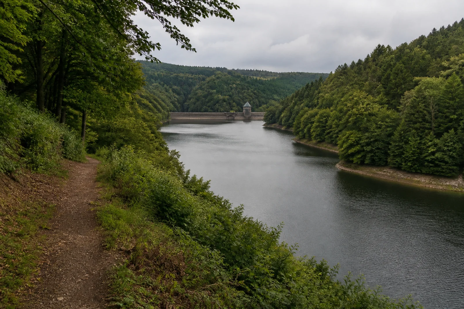 Ennepetalsperre in engem bewaldetem Tal