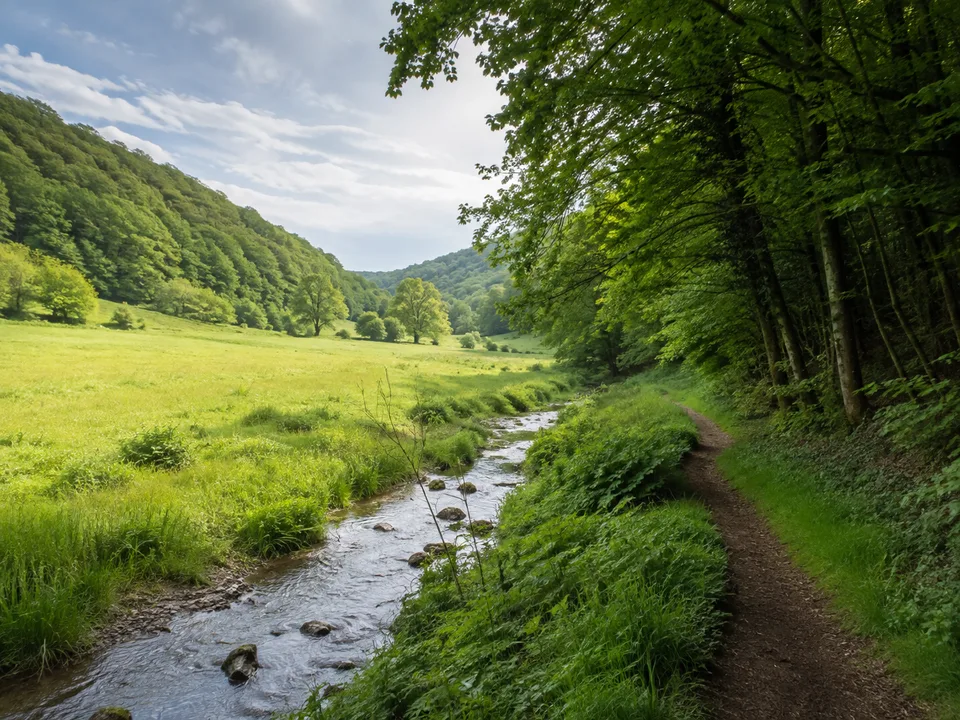 Brudergrund: stilles Wiesental mit Bach und Wildgehege am Waldsaum