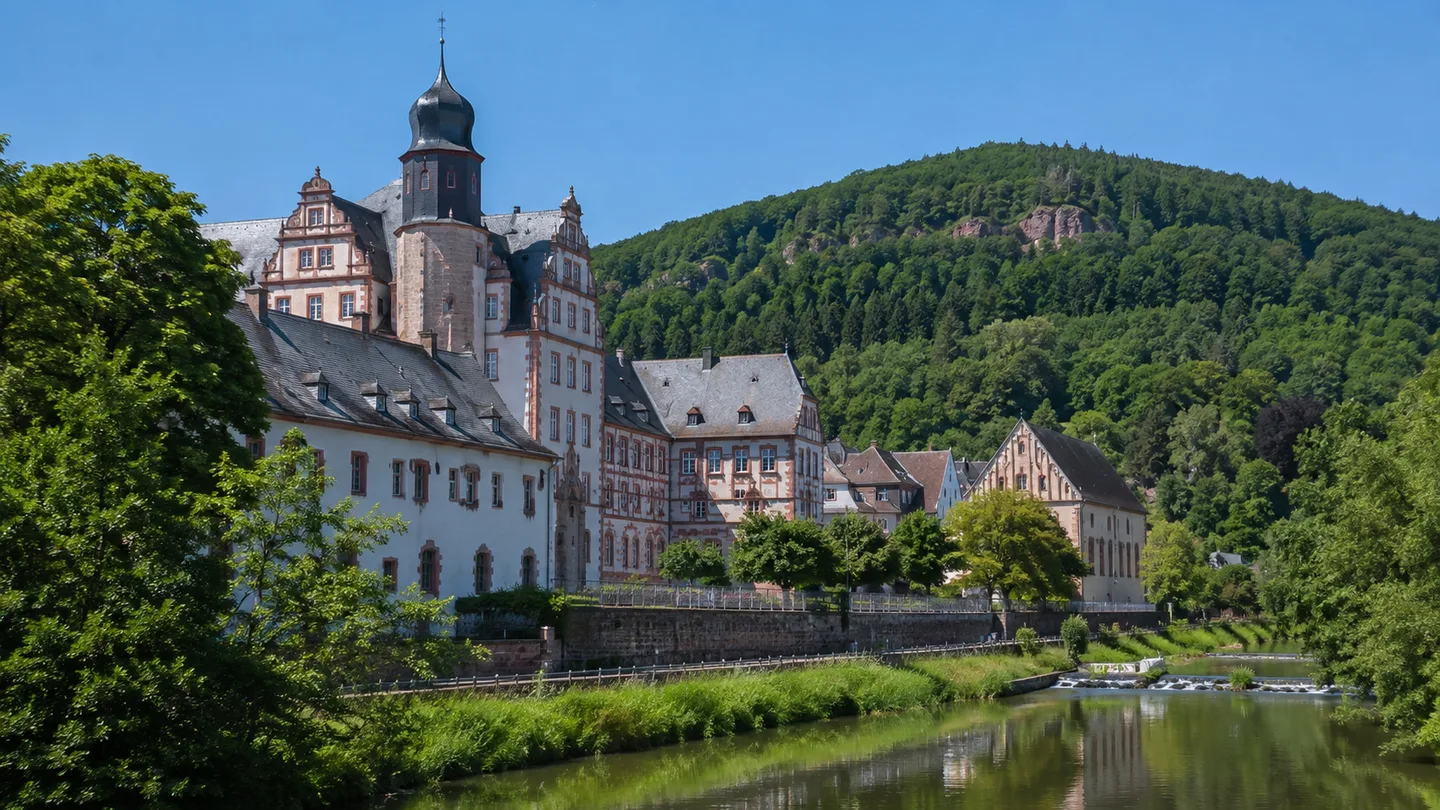 Erbach (Odenwald): Erbach im Odenwald: Schlossensemble an der Mümling vor bewaldeten Buntsandsteinhöhen