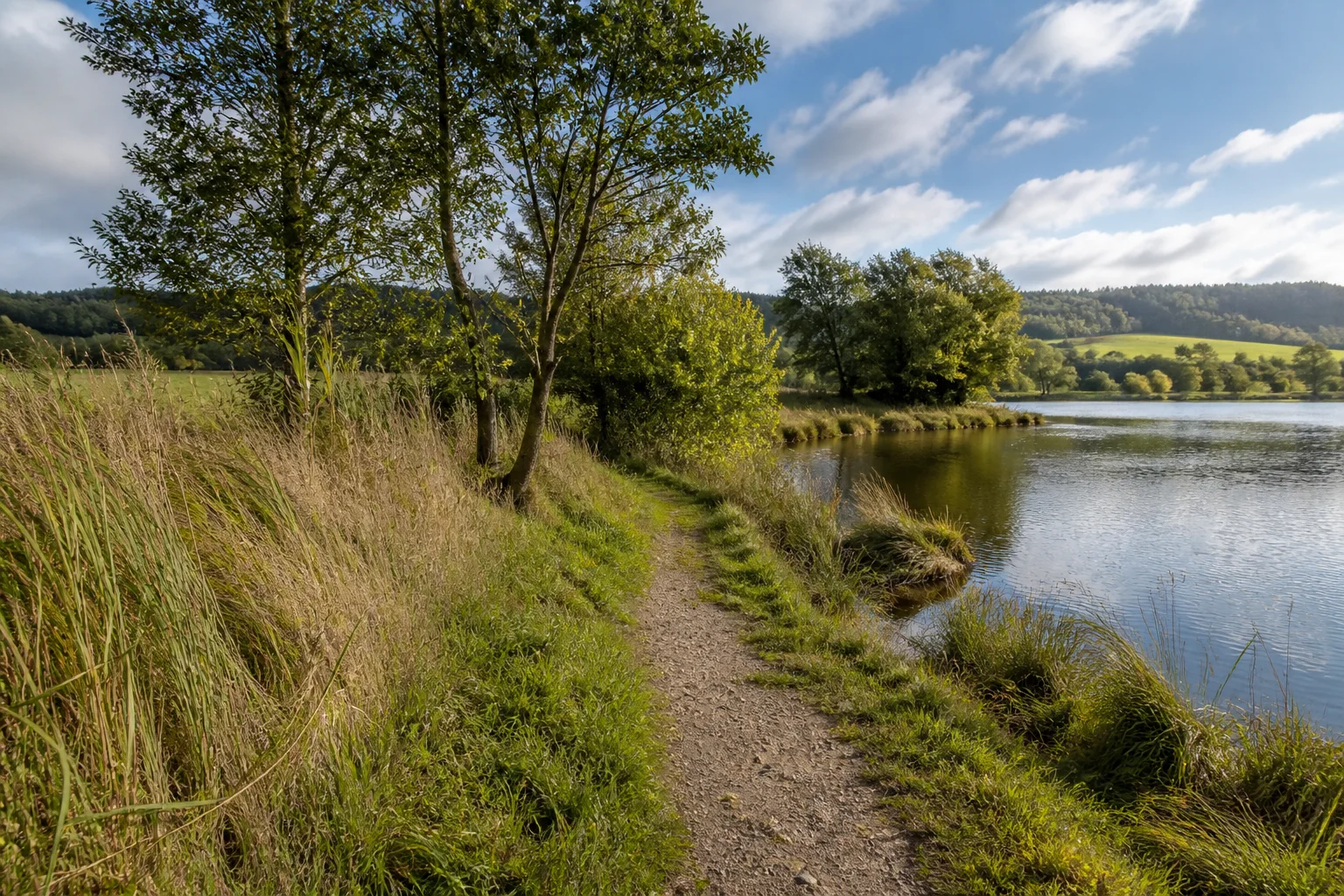Gumpener Wiesen: Teichrandweg zwischen Ufergras, kleinen Baumgruppen und sanften oberpfälzischen Hügeln.