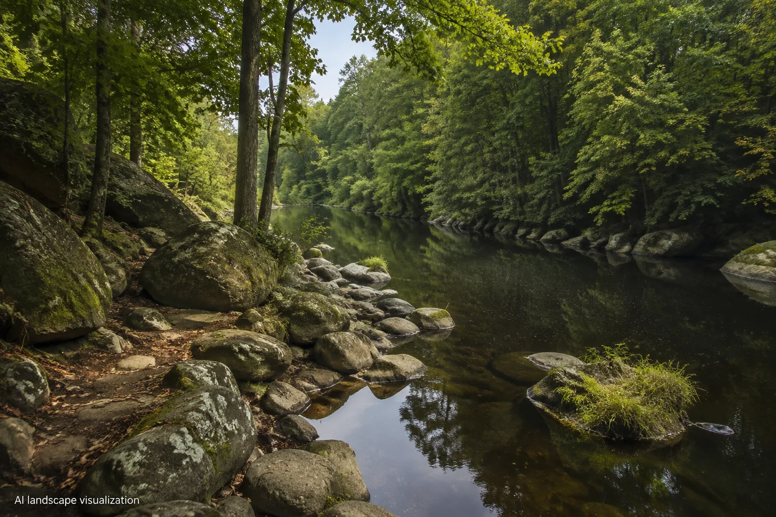 Falkenberg (Oberpfalz): Waldnaab bei Falkenberg: dunkler ruhiger Fluss zwischen gerundeten Granitblöcken und dichtem Laubmischwald.