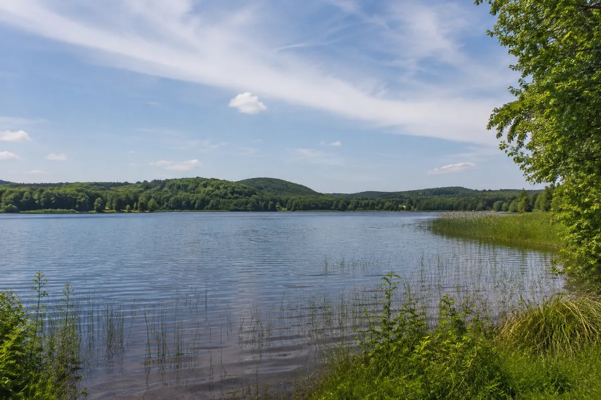 Feldberger Seenlandschaft: Feldberger Seenlandschaft, Startgebiet Feldberg Haus des Gastes: Feldberger Haussee mit grünem Ufersaum und niedrigen bewaldeten Hügeln