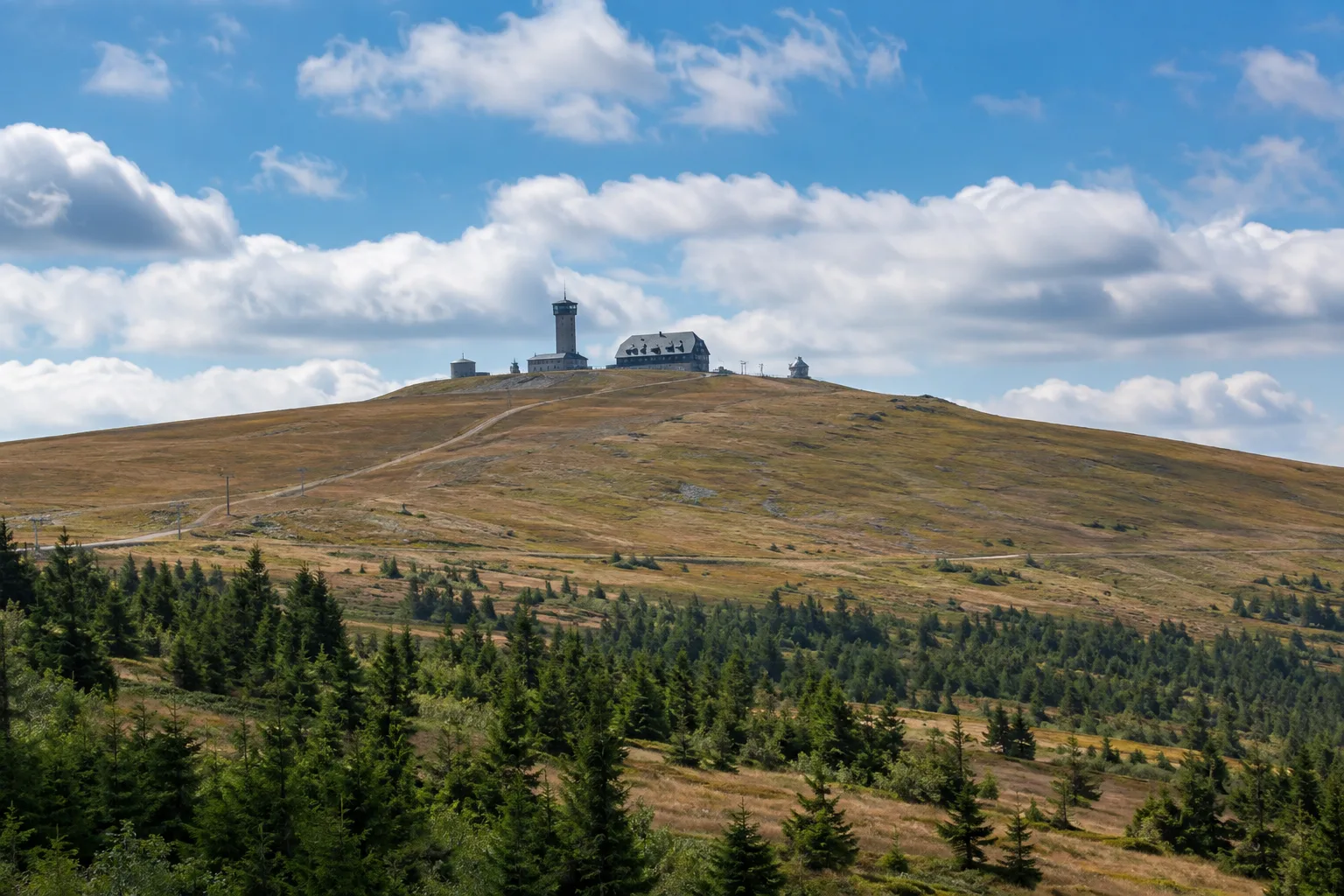 Fichtelberg: Fichtelberggipfel: breite kahle Gipfelkuppe mit Aussichtshaus über Bergwiesen und Fichtenwald