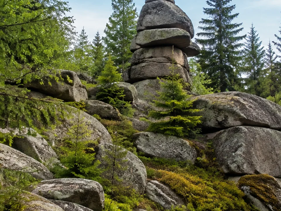 Granitfelsen: verwitterte Blockburg im Fichten-Buchen-Wald