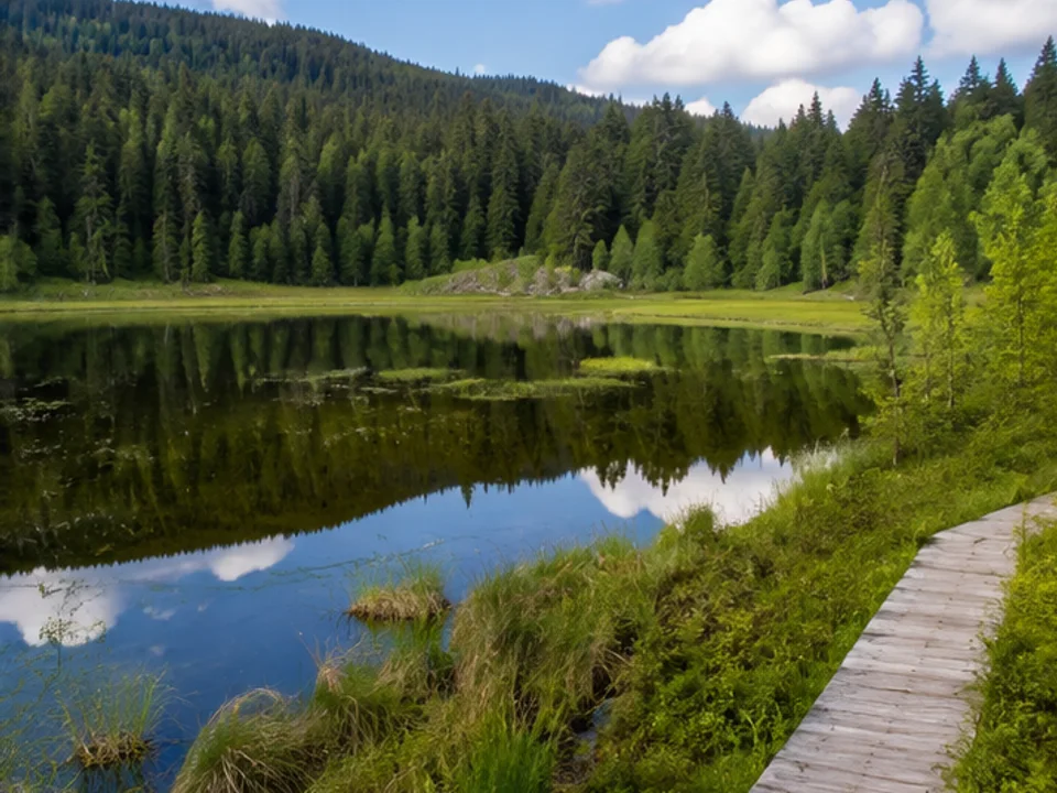 Fichtelsee: See und Moorvegetation unter Waldhängen