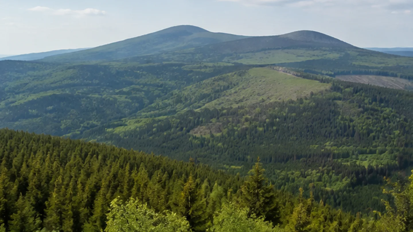 Fichtelgebirge: Bischofsgrün: Fichtelgebirge: gerundete bewaldete Granithöhen von Schneeberg und Ochsenkopf