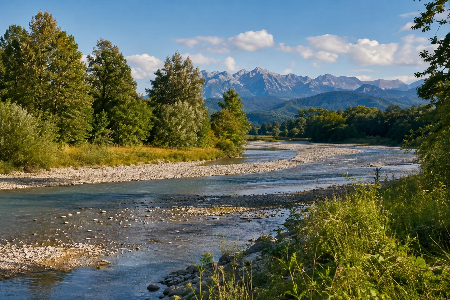 Fischen im Allgäu: Fischen im Allgäu: Fischen: breite Iller mit Kiesbänken und Auwald, im Hintergrund entfernte Kalkalpen