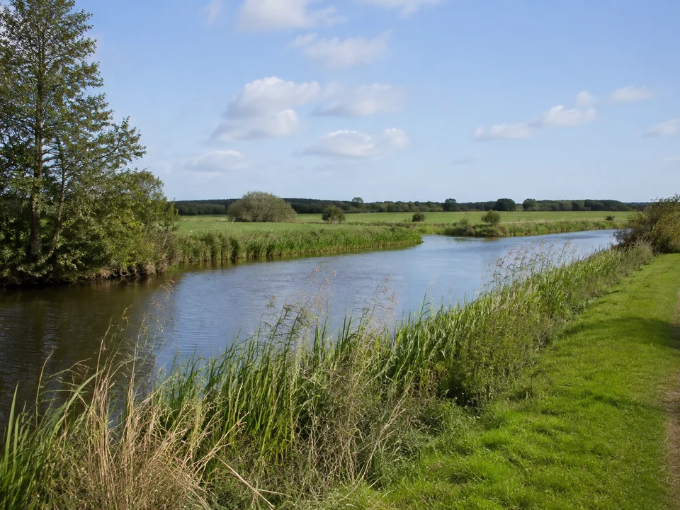 Fischerhuder Wiesen: Offene ebene Feuchtwiesen mit gewundenem Wümmearm, flache Ufer mit Schilf und Erlen, öffentlicher Randweg