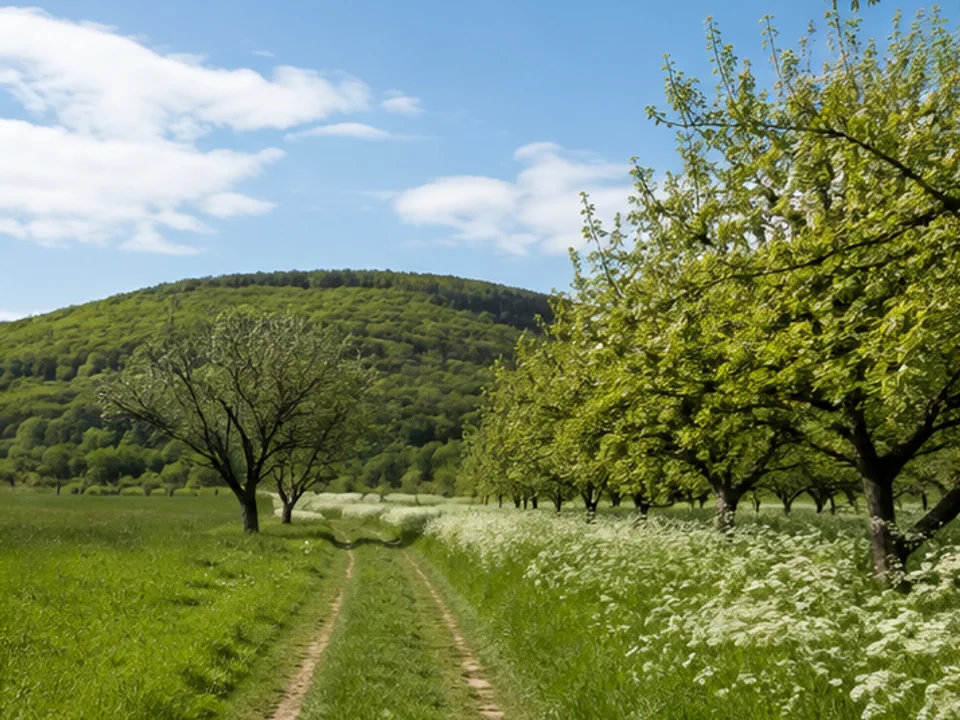 Juravorland: Obstweg vor den ersten bewaldeten Höhen