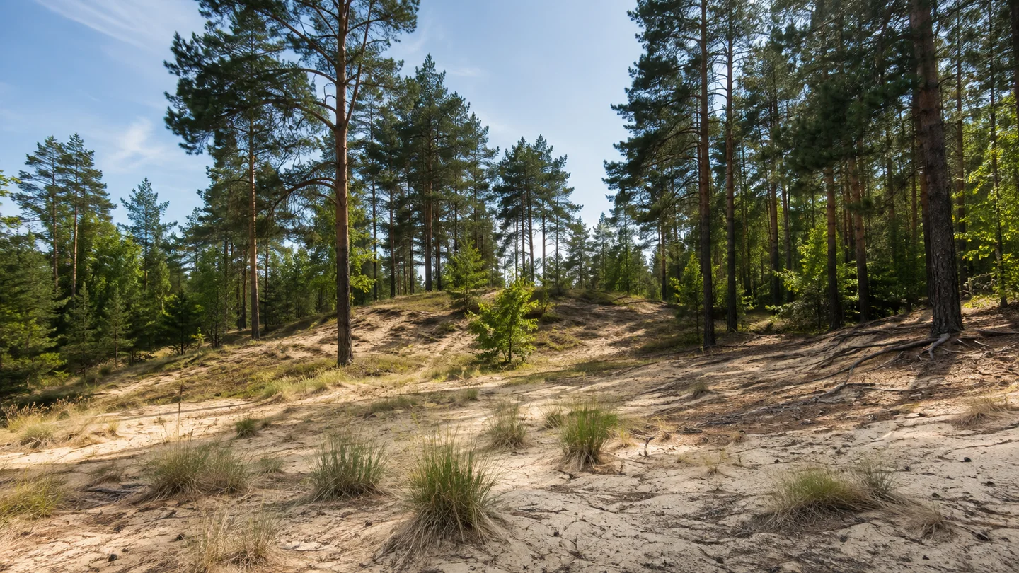 Fränkischer Dünenweg: Altdorf Bahnhof: Bewaldete Binnendüne: Niedrige bewaldete Binnendüne im Lorenzer Reichswald am Fränkischen Dünenweg mit hellem Sand, hohen Kiefern und einzelnen Grasbüscheln; kein Wüstensandmeer.