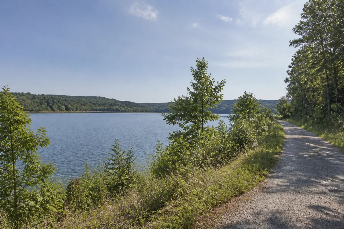 Großer Brombachsee unter sanften bewaldeten Höhen bei Enderndorf, geschotterter Weg oberhalb des ruhigen Wassers.