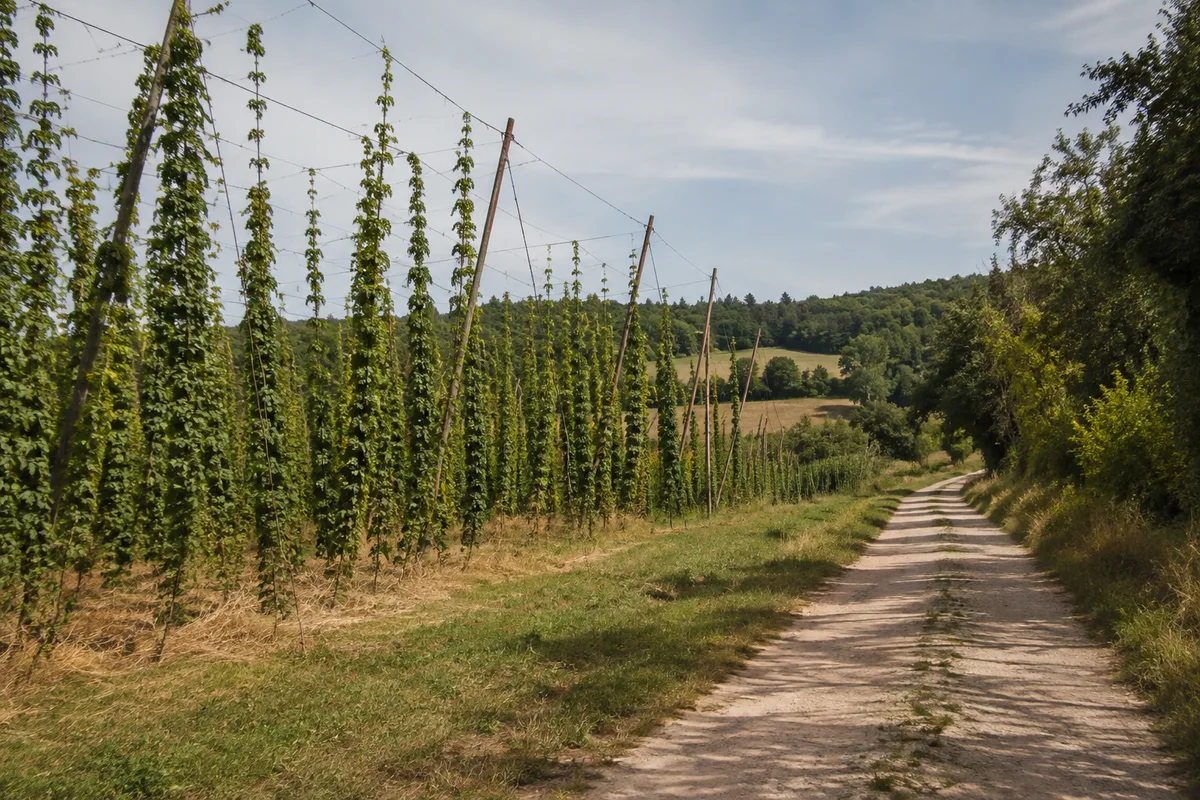 Hohe schlanke Hopfenstangen in Reihen in der sanft hügeligen Landschaft bei Spalt, Mischwald am Horizont und sandiger Feldweg.