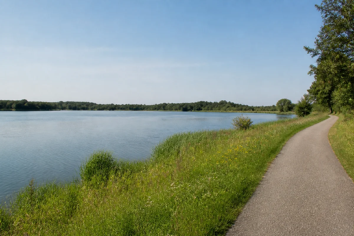 Fränkisches Seenland: Breiter flacher Altmühlsee bei Schlungenhof, niedrige baumbestandene Ufer, Wiesen und ein befestigter Uferweg ohne Berge.