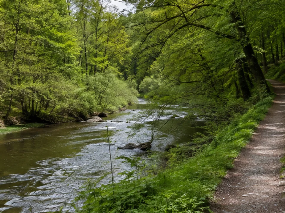 Wilde Rodach: naturnaher Uferpfad unter Waldhängen