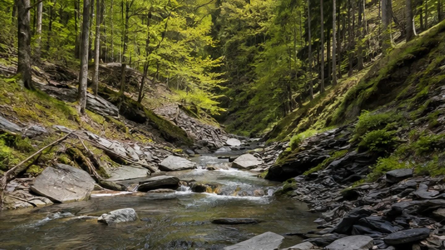 Frankenwald: Bad Steben: Frankenwald: enger Bachgrund zwischen Schiefer und Mischwald