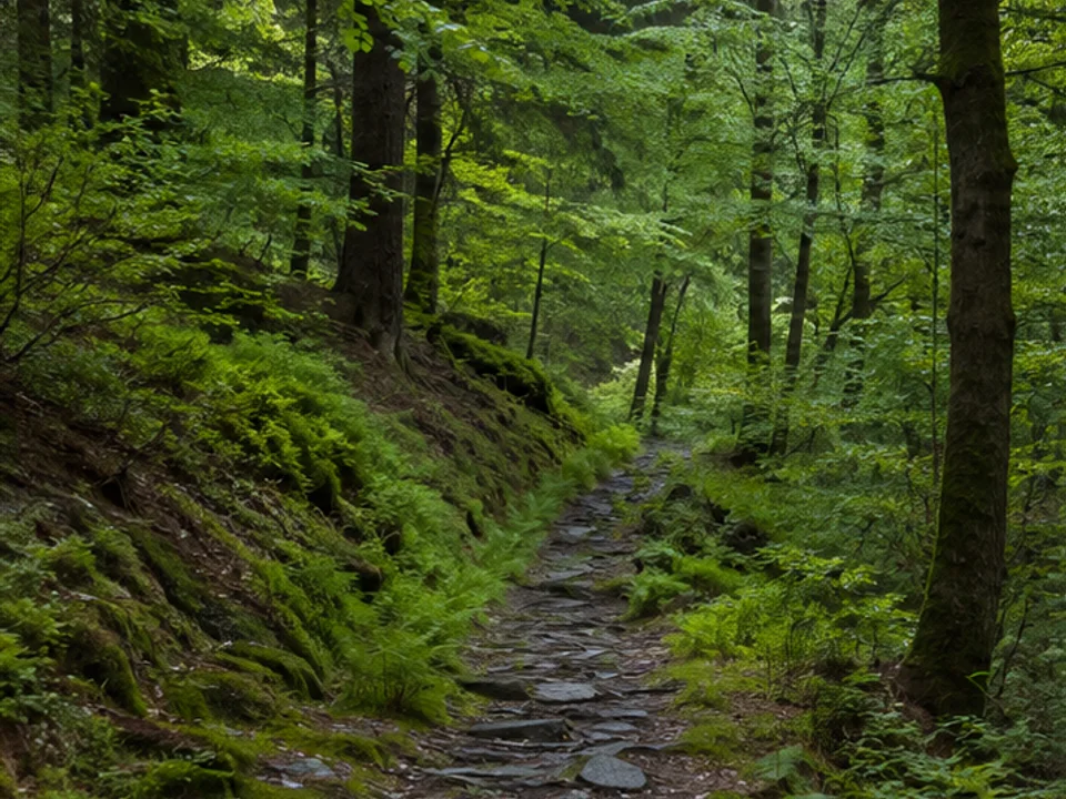 Nordhalben: schmaler Schieferweg im dichten Wald