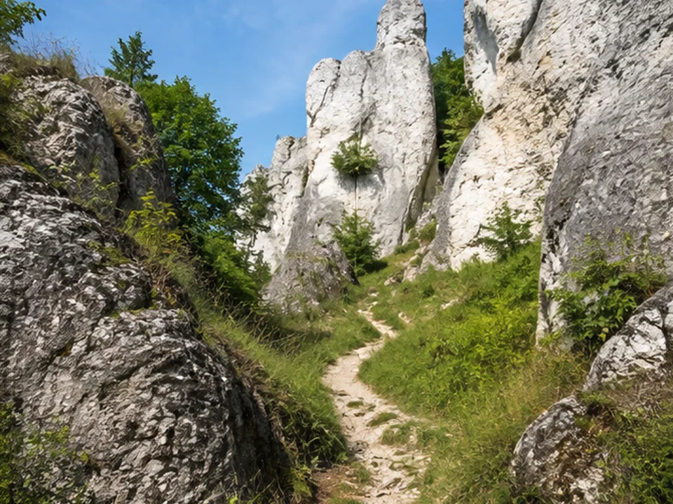 Juraabschnitt: Kalkfelsen und Waldpfad in der Fränkischen Schweiz
