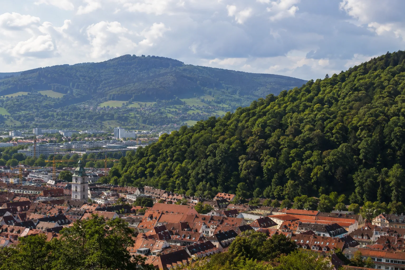 Freiburg im Breisgau: Freiburg im Breisgau: Altstadtdächer am Fuß des bewaldeten Schlossbergs mit Schwarzwaldhängen im Hintergrund