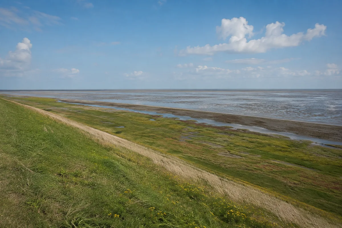 Friedrichskoog Küstenblick: Blick vom grasigen Deich auf Salzwiesen und flache tideabhängige Wasserflächen ohne Menschen im Watt