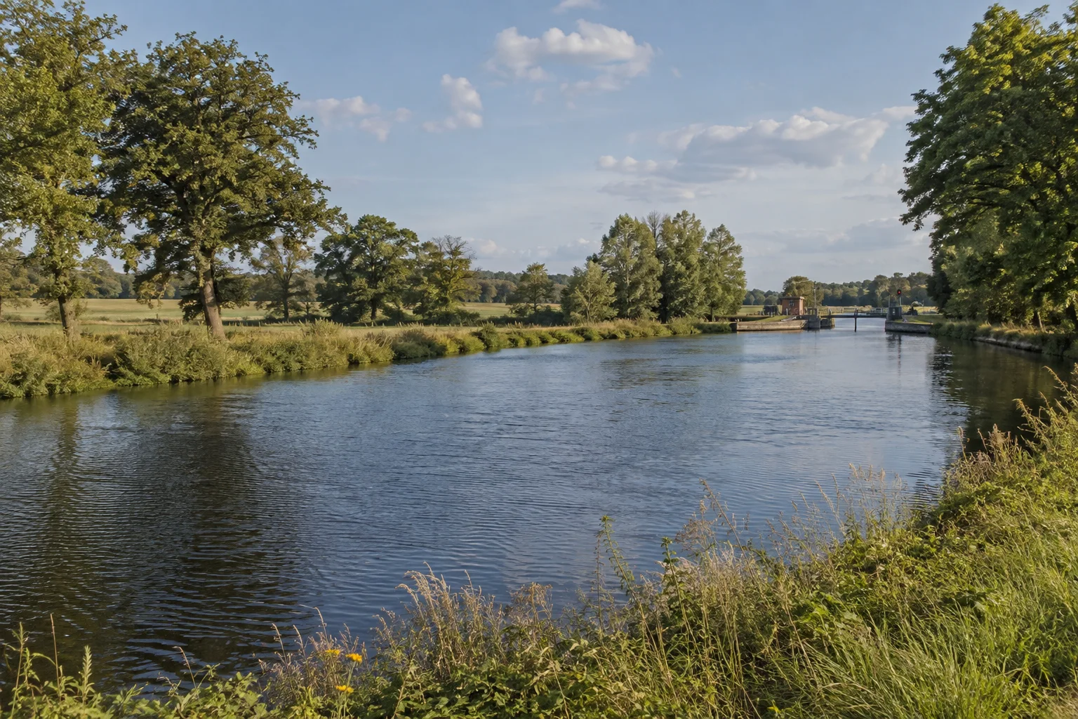 Bredereicher Havel: kleiner schiffbarer Fluss in flacher Wiesenlandschaft mit alten Eichen und Erlen