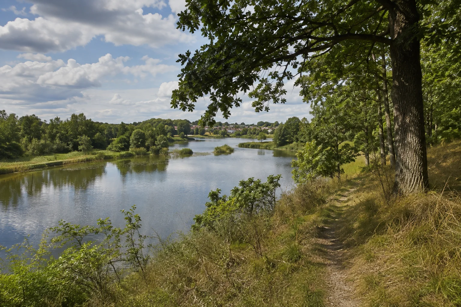 Fürstenberg/Havel: Fürstenberg/Havel: Fürstenberger Wasserlandschaft: ruhiger Havelarm mit grünen Ufern und niedrigen Waldflächen bei einer kleinen Stadt