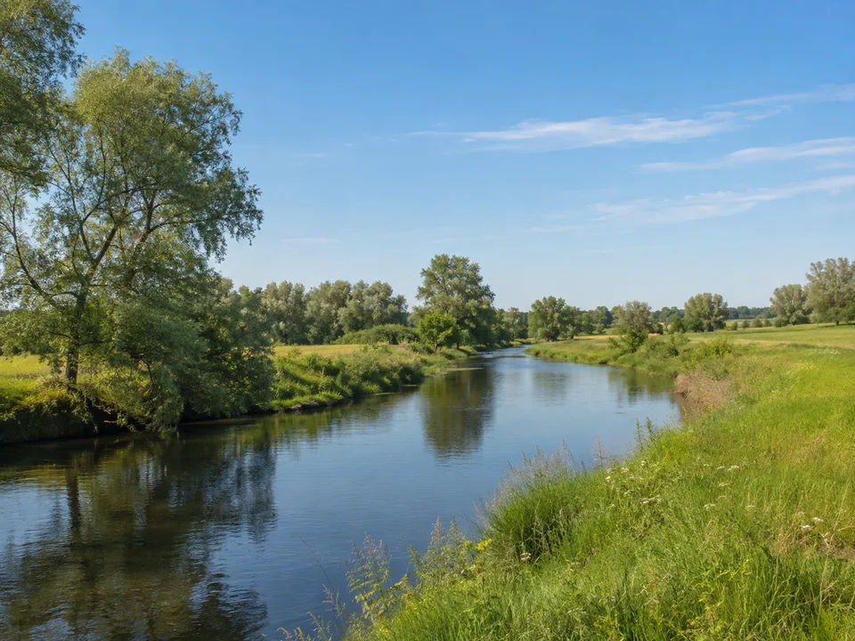 Regnitz bei Vach: Ruhige Regnitz bei Vach mit grünen Uferwiesen, einzelnen Weiden und ebenem Horizont, keine Berge.