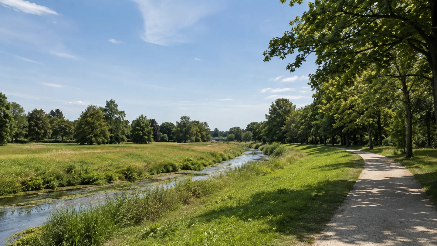 Fürth (Bayern): Stadtpark Pegnitzufer: Fürther Wiesengrund: Breite flache Pegnitzwiesen in Fürth mit schmalem Fluss, Parkbäumen und befestigtem Fußweg; keine erfundene Skyline.
