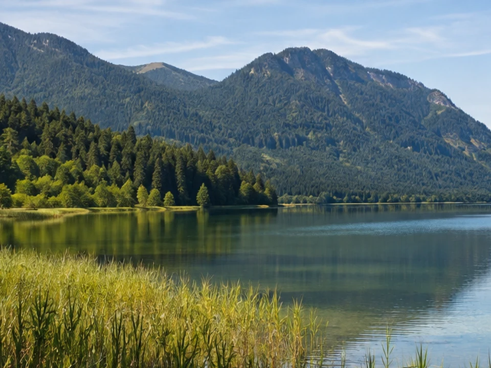 Weißensee: Schilfufer vor Wald und Bergkulisse