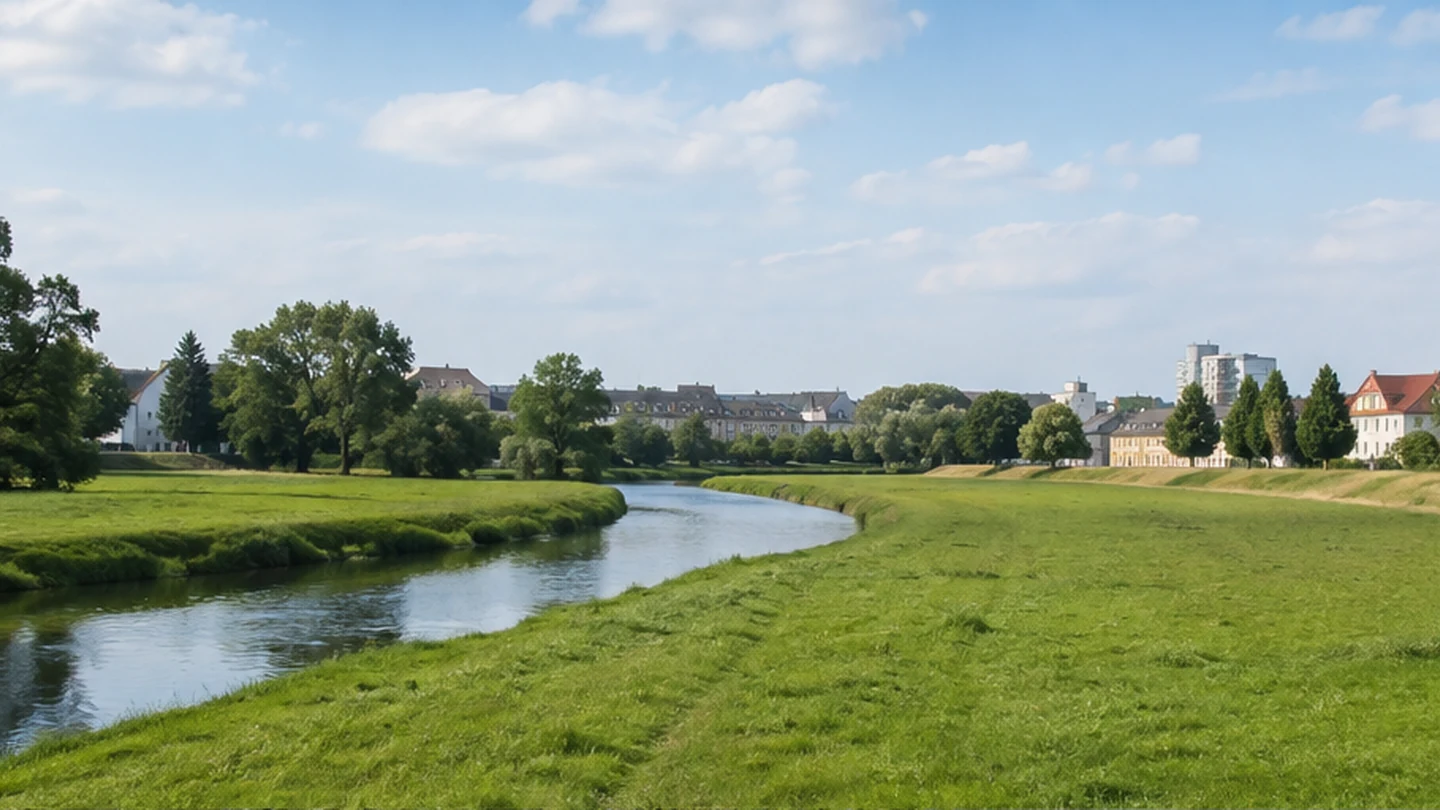 Fulda: Fuldaaue: breite Flussaue am grünen Stadtrand