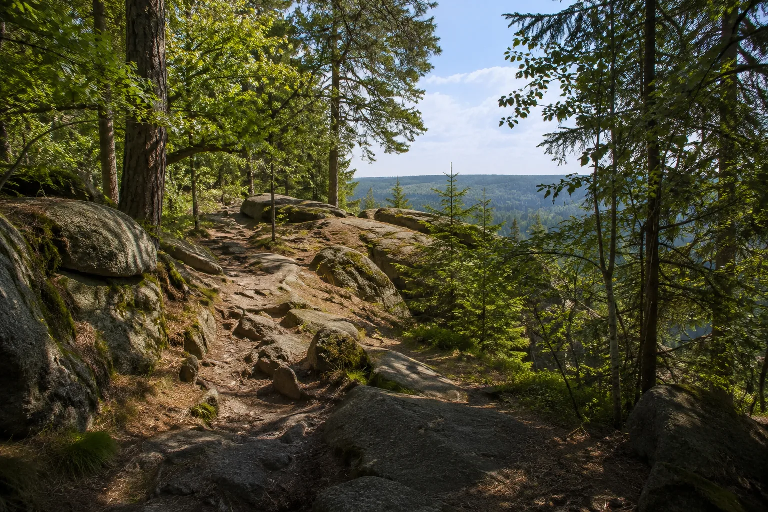 Gibacht: felsiger Waldweg zu einer aussichtsreichen Granithöhe