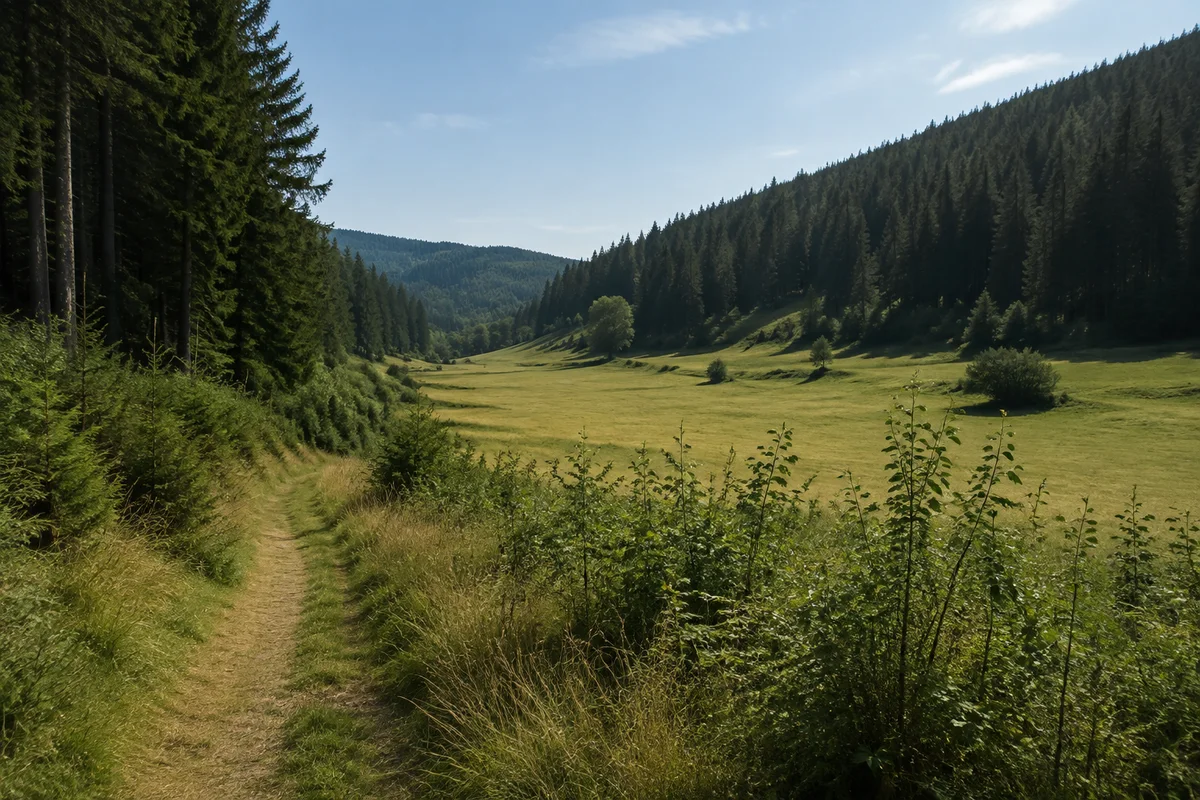Nördliches Dorfgebiet mit länglicher Wiesenmulde und Nadelwaldhängen.