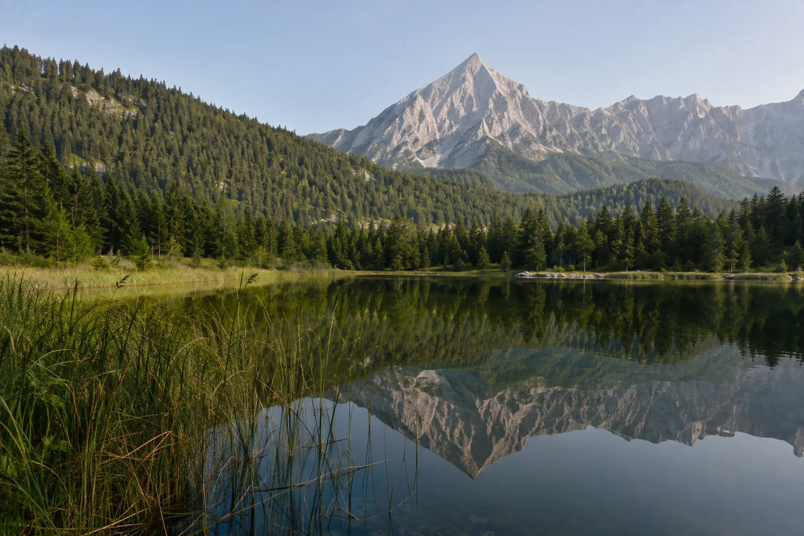 Riessersee: kleiner Bergsee mit Waldsaum und Alpspitzblick