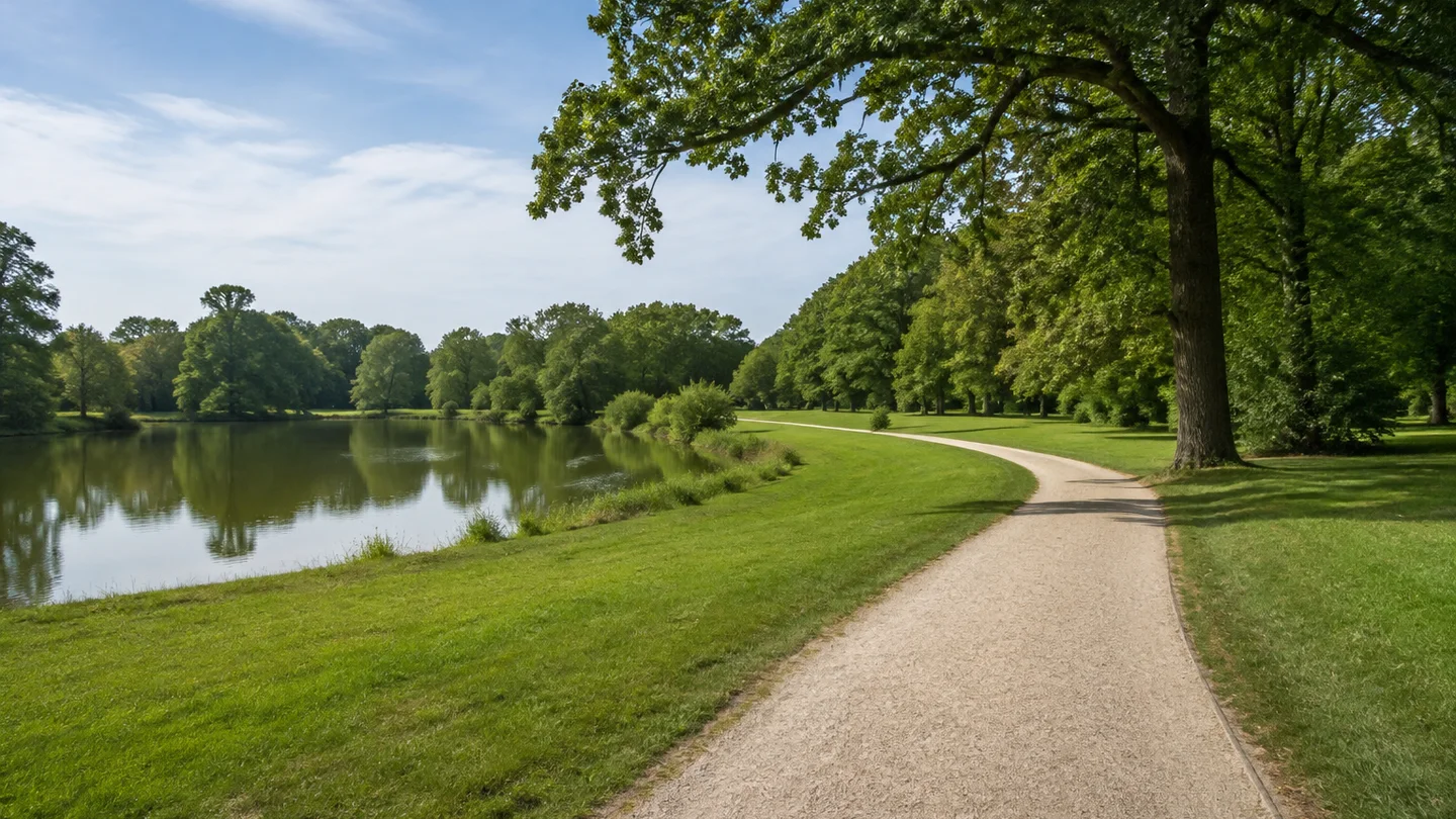 Gartenreich Dessau-Wörlitz: Wörlitzer Anlagen: Wörlitzer Landschaftsgarten: Geschwungener heller Kiesweg zwischen offenem Rasen, ruhigem Parksee und großen alten Laubbäumen