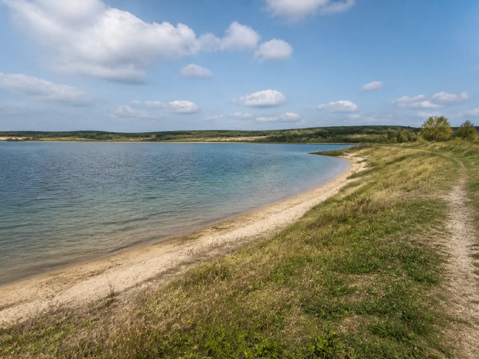 Stöbnitzer Ufer: Heller sandiger Ufersaum und niedriges Gras am weiten Binnensee, sanfte bewachsene Gegenböschung