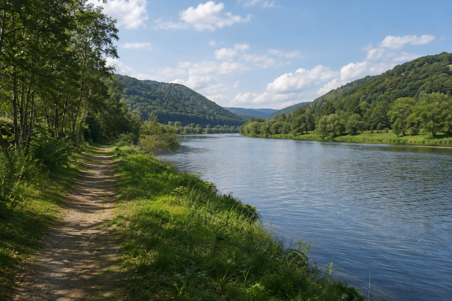 Gemünden am Main: Gemünden am Main: Main bei Gemünden: breiter Fluss zwischen runden bewaldeten Hügeln, offener Uferweg und grüne Auen.