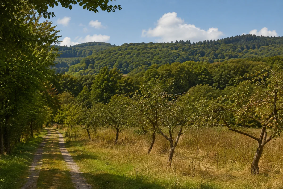Kleinalmeroder Waldsaum: Kirschbäume am Wegrand vor gestaffelten Laubwaldhöhen